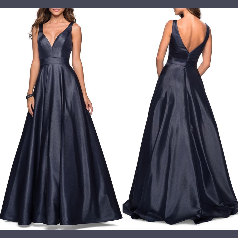 NEW $318 Gigi Designs‎ by La Femme V-Neck Mikado Ballgown in Navy [SZ 10 ] #Q8